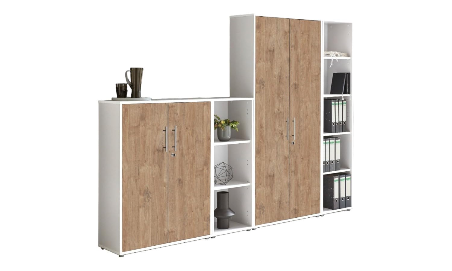 Aktenschrank TABOR 4 – Büroschrank abschließbar, Mehrzweckschrank für Büro, Ordnerschrank mit viel Stauraum, Korpus weiß Front Gold Harbor Oak
