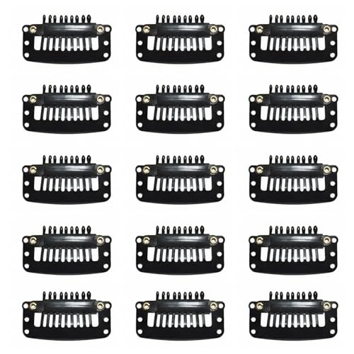 ZIOYANE 15 clips de peluca, extensión de pelo de metal en forma de U de 9 dientes y clips de volumen para asegurar sombreros, flequillo y peinado (negro)