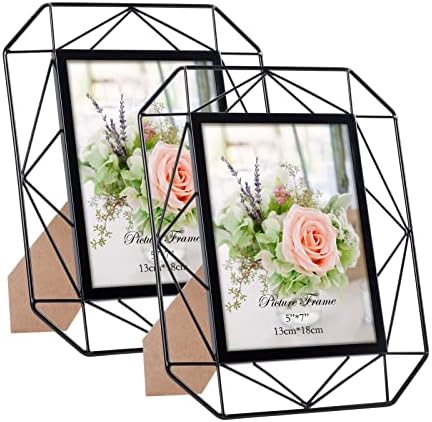 QUTREY 5x7 Picture Frame Set of 2, Black Metal Photo Frames for 5 by 7 Inch Pictures, Wall Mounting and Tabletop Display