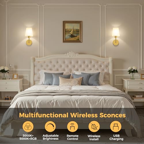 Image of DORESshop Battery Operated Wall Sconce Set of 2, Wall Light Wireless Easy to Install, Dimmable and Adjustable Sconces Wall Decor, Rechargeable Wall Lamp for Bedroom, Living Room, Gold 13.8in