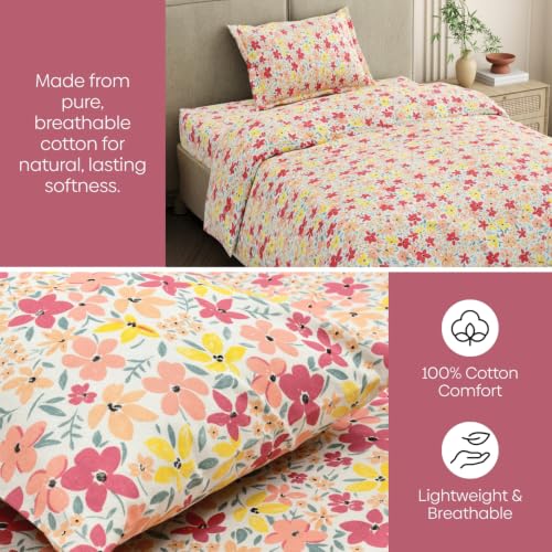Image of Haus & Kinder Single Bedsheet for Single Bed with Pillow Cover Pure Cotton 186 TC | Soft & Silk Bedsheet for Single Bed |58 x 98 Inches - Sunlit Blossom Meadow