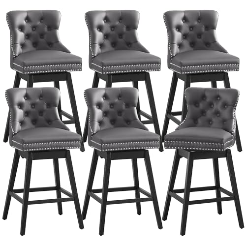 Image of Grey Leather Swivel Bar Stools Set of 6 with Back, 26 Inch Counter Height Chairs, Solid Wood Legs, Tufted Seat, Comfortable and Stylish for Kitchen, Island, Home Bar(Grey, 6 Pack, 26 inch H)