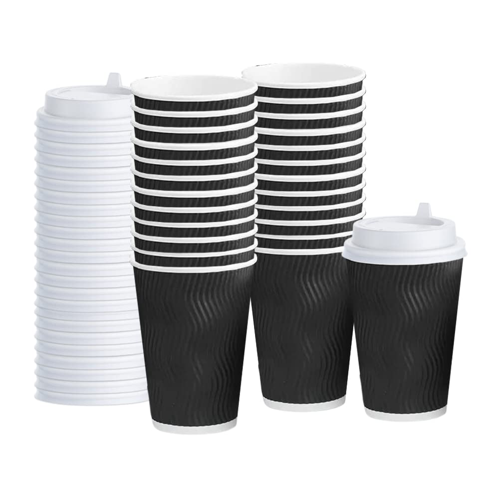 1Above Black 25 Pack 8Oz Double Kraft Disposable Paper Cups For Tea, Coffee, Cappuccino Hot Drinks With Lids (Black)