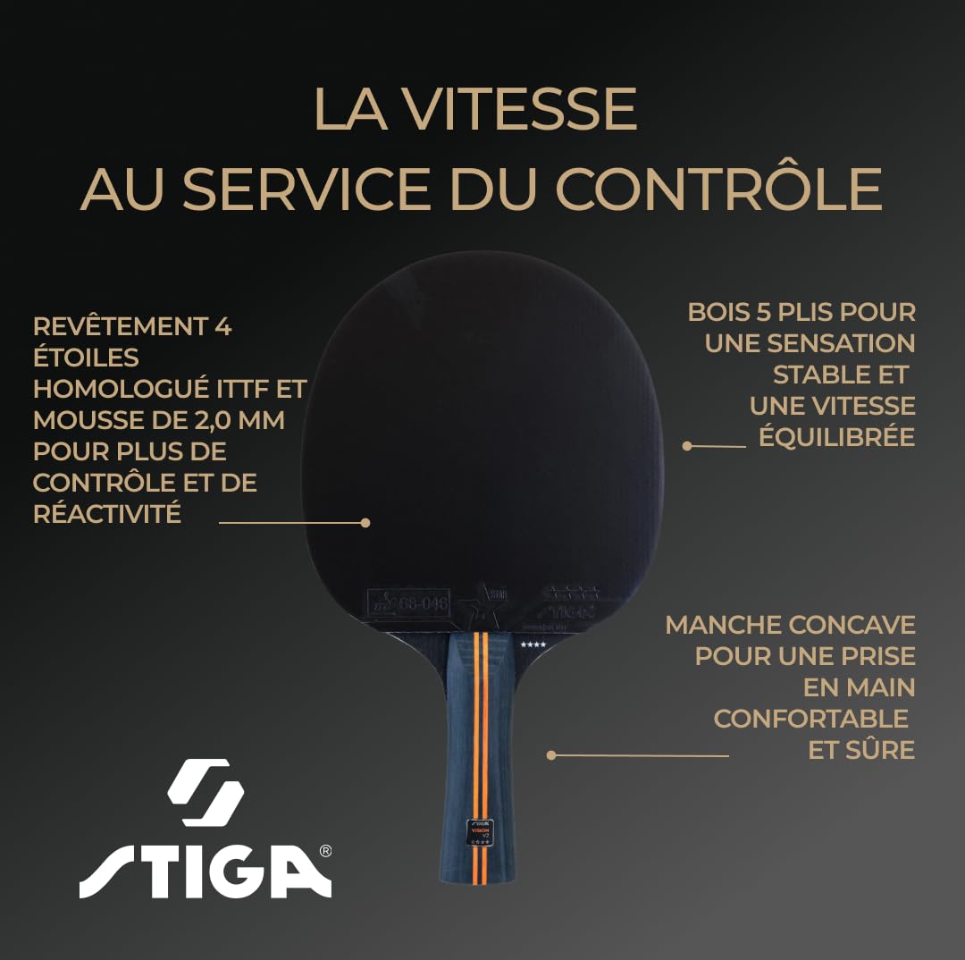 STIGA Raquette de Tennis de Table Vision V2 – Raquette 4 Étoiles Offensif, Vitesse & Contrôle, Bois 5 Plis, Manche Concave, Crystal Technology, Revêtement ITTF Star 4, Mousse 2,0 mm