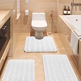 ACCUMTEK Striped White Bathroom Rug Set 3 Pieces Ultra Soft, Non Slip Chenille Toilet Mat, Absorbent Plush Shaggy Bath Mats for Bathroom, Bedroom, Kitchen, Ivory