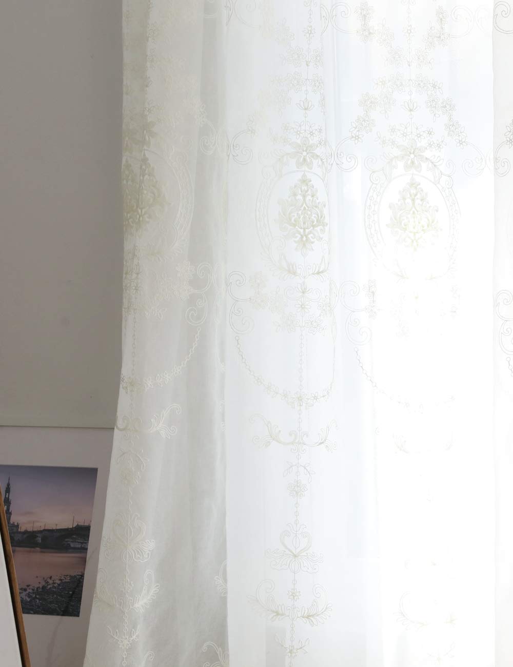 Lactraum Rideaux de salon avec œillets - Blanc transparent - Brodé - Vintage - Voile classique (normal) - 300 x 245 cm