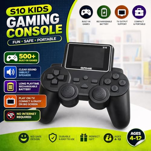 Image of Casaquin S10 Portable Gaming Console for Kids | Retro Handheld Game Player with 500+ Built-in Classic Games | Rechargeable, TV Output, 3.5 inch Display | Gift for Boys & Girls Age 6+