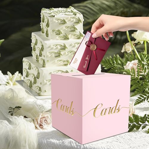 Image of Light Pink Card Box for Party, Box for Cards with Gold Foil Embossed Design 9 x 9 x 9 Inch Card Box for Wedding Reception Birthday Bridal Baby Shower Raffle