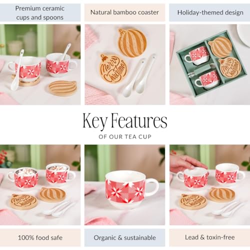 Image of Nestasia Ceramic Cup, Spoon & Bamboo Coaster Set of 2 (160ml Each) | Red & White Snowflake Pattern Mugs, Ceramic Stirring Spoons & Ornament Shaped Coasters - Ideal for Festive Gifting