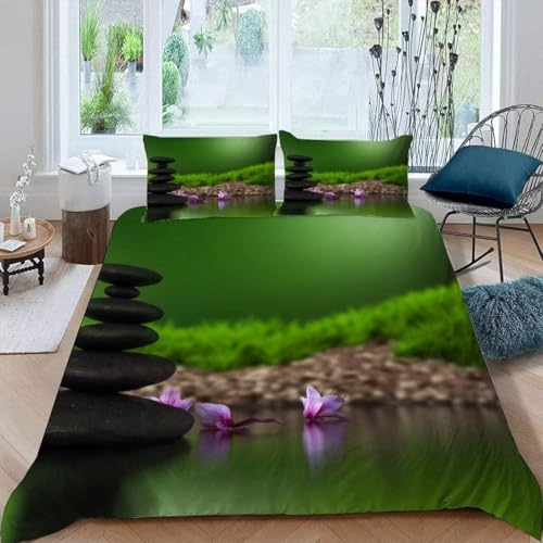 Parure de Lit 200x200 Fleur Violette Pierre Noire 3D Imprimé Housse de Couette 2 Personnes Méditation Zen House de Couette Microfibre pièces et 2 Taies...