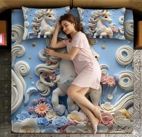 Image of Premium 7D Digital Printed Cotton Flat Bedsheet (90 X 100) Inch with 2 King Size Pillow Covers -300 TC Fabric, Design & Superior Comfort Double Bedsheet for Double Bed (Sky - Unicorn Pattern)