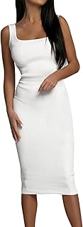 [YKPK] Preppy Dress for Womens Casual Sexy Solid Color Tank Dress Elastic Dress Summer Sleeveless Basic Midi