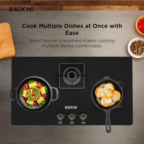 Image of KOCHE BETTY 3 Burner Built-In Gas Hob 77cm Auto Ignition | Hob /Cooktop Hybrid | High Power Brass Burners Gas Stove | Cast Iron Pan Support | Metal Knobs | Black Toughened Glass | 5 Years Warranty