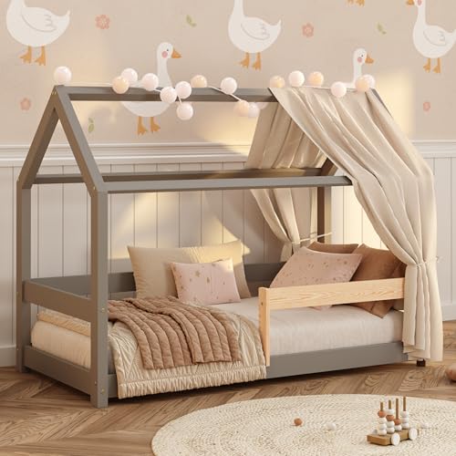 smartwood Cama Montessori Infantil 90x200 - Cama de Suelo de Madera Maciza con Somier y Protección contra Caídas - Cama Milo para Niños y Niñas - Gris