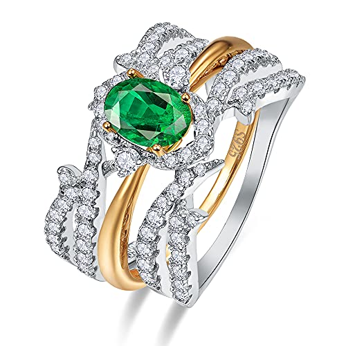 Yaresul Bagues Emeraude pour Femme,bagues en Argent Sterling plaqué Or 14K Vert émeraude,Fausses bagues de fiançailles en zircone cubique pour Femme Cover