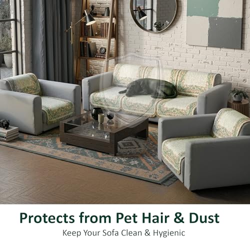 Image of Kuber Industries 5 Seater Sofa Cover | Velvet Slipcover for Living Room | Thick & Cozy | Non-Slip Comfort Sofa Cover Set | Digital Painting Juliet 1186 - Beige & Green