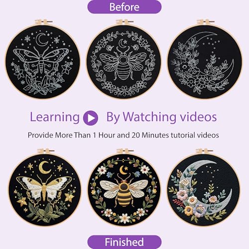 Image of Uniartfy 3 Sets Butterfly Bee Moon Embroidery Kits for Beginners, DIY Cross Stitch Starter Craft Kit for Adults, Needlepoint Kits Including Cloth with Flower Plant Pattern, Hoop, Tools, Instructions