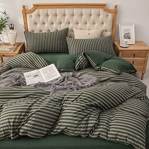 PURE ERA Jersey Knit Duvet Cover Set 100% T-Shirt Heather Cotton Super Soft Comfy Classic Striped Design, with Zipper Closure, Forest Green Stripe, Queen