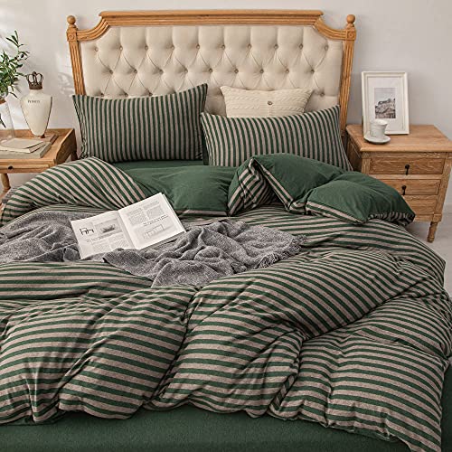 PURE ERA Jersey Knit Duvet Cover Set 100% T-Shirt Heather Cotton Super Soft Comfy Classic Striped Design, with Zipper Closure, Forest Green Stripe, Twin by PURE ERA - Used condition - US$42.60