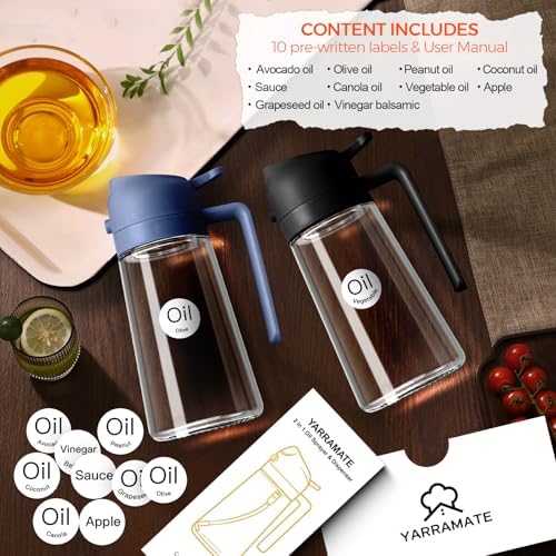YRRAMATE 16oz/470ml Glass Olive Oil Sprayer for Cooking with Stickers, 2 in 1 Oil Dispenser for Kitchen Gadgets, Food Grade Premium Spray Bottle with Portion Control for Salad, BBQ (Navy)