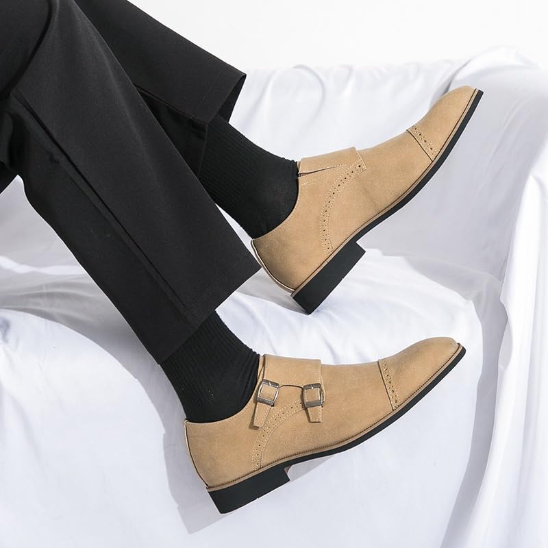 Formal Oxford Double Monk Shoes for Men's Anti-Slip Rubber Sole Slip Resistant Block Heel Office Business Plain Toe Suede Leather Slip On Vintage4