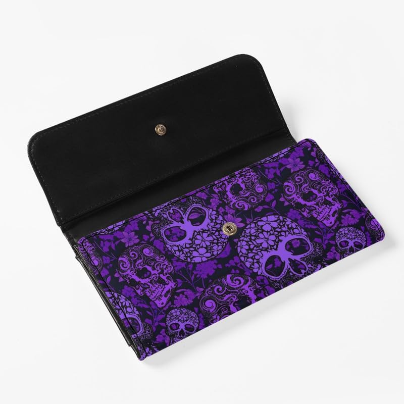 Women's Purple Skull Floral PU Leather Tri-fold Zipper Wallet, Candy Skull Buckle Elegant Clutch4