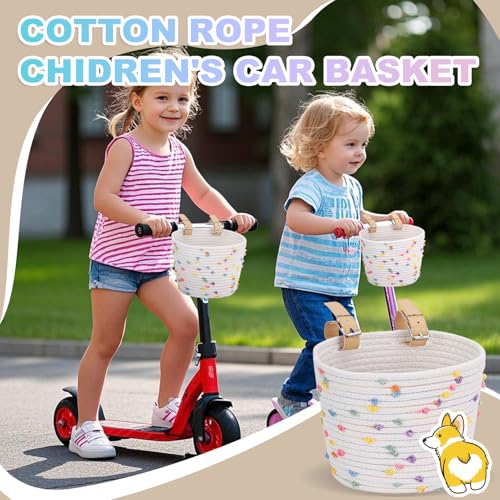 Kids Bike Basket Cotton Rope Woven Front Bicycle Basket for Boys Girls Bike Basket Kids Front Handlebar Basket for Scooter,Balance Bikes