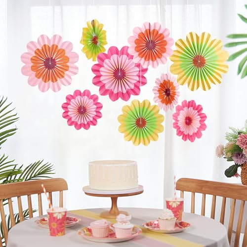Image of SUNBEAUTY 9 Pcs Paper Flowers Fans Hot Orange and Hot Pink Party Spring Summer Decorations Tissue Paper Flowers Decorations for Girl Groovy Birthday Baby Shower Wedding Bachelorette Room Wall Hanging