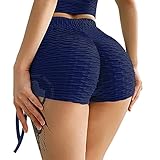 YEOREO Women's Butt Lifting Yoga Shorts High Waist Scrunch Textured Leggings Workout Sports Running Tummy Control Shorts Navy Blue M