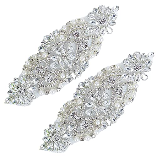 ShiDianYi Silver Rhinestone Bridal Garter Belt - 2-Piece Iron-On Wedding Waist Belt for Women Beaded Applique Bridal Shower & Ceremony Accessories (Bride Bridesmaids)