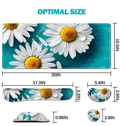 Image of ArtSo Large Gaming Mouse Pad Set, Keyboard Wrist Rest Support + Mouse Wrist Cushion + Extended Mousepad + Coaster, 35x15.5in Multifunctional Desk Mat 4pcs, Cute Daisy