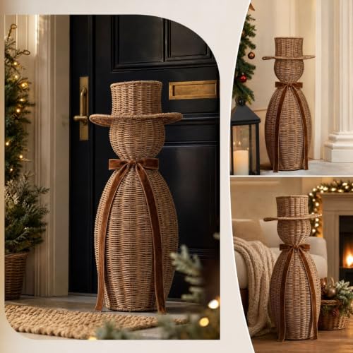 Faux Rattan Resin Snowman Figurine 15 Inch Christmas Decor With Velvet Bow - image 4