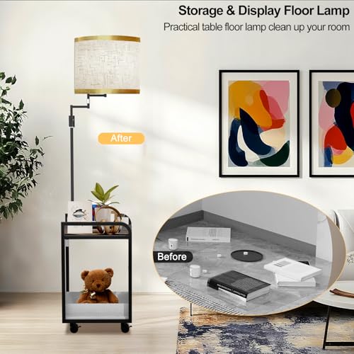 Image of Lightdot 63IN Floor Lamps withTable&Basket, Modern Standing Tall Lamps with Adjustable Fabric Shade and Movable Casters, End Table Lamp for Living Room /Sofa Beside /Corner Decor-Black(Bulb Included)