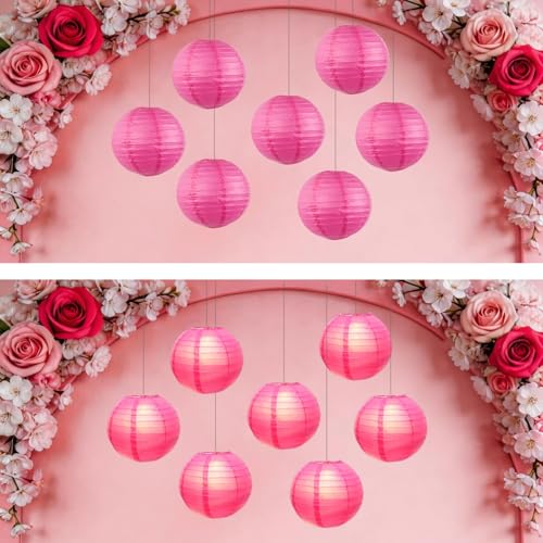 Image of Rose Red Chinese Paper Lanterns with LED Lights, 10-Pack 10inch | Hanging Lights for Wedding & Anniversary, Birthday Decorations, Ceiling Decor & Home Party