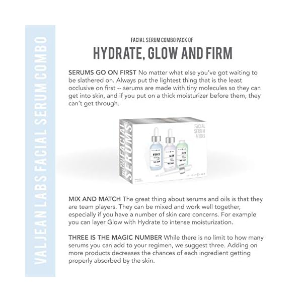 Valjean Labs Facial Serum, Combo Pack of Hydrate, Glow, and Firm | Supercharged, Targeted Skincare Ingredients | Paraben Free, Cruelty Free, Made in USA (1oz Bottles)
