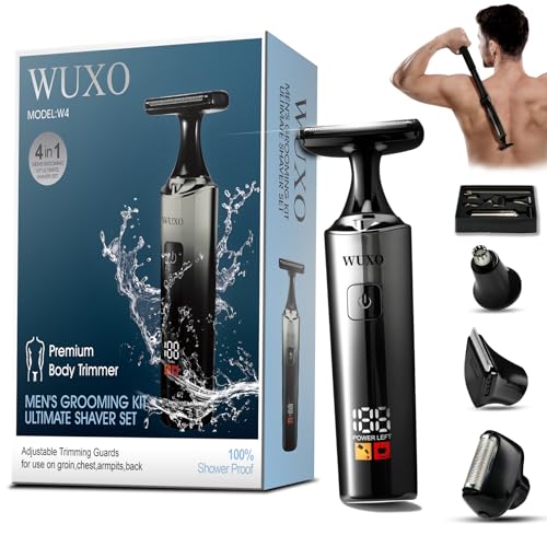 WUXO Back Shaver for Men, LED Display USB-C, Electric Groin Hair Trimmer Ultra-Wide 2" T-Shaped Head, 4 in 1 Kit with Long Handle, Safety Lock, IPX7 Wet/Dry, Multi-Functional Back Trimmer, (Black)