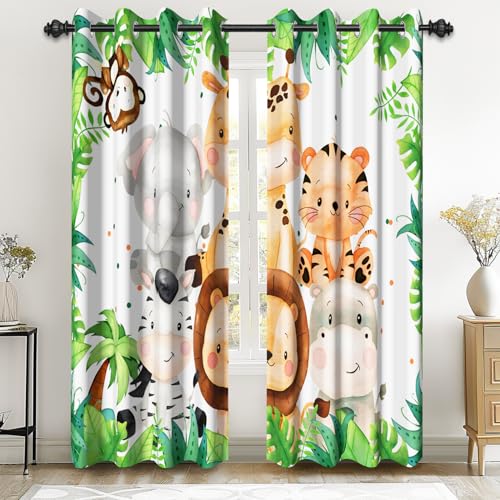Renaiss 52 x 108 Inch Safari Animal Curtains for Kids Tropical Rainforest Lions Tigers Elephants Giraffes African Jungle Tree Green Leaf Print Window Drapes for Nursery Baby Bedroom Playroom 2 Panels
