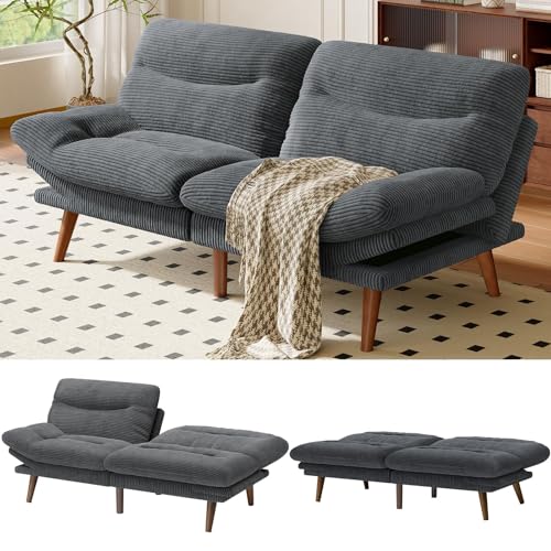 Amada 66' Convertible Futon Sofa Bed, Corduroy Folding Futon Set with Adjustable Backrest &Armrests, Recliner Lounge for Living Room, Apartment or Office, Solid Wood Frame, Loveseat Sofa - Grey
