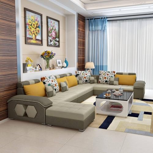 Image of Silvester 12 Seater Sofa Set for Living Room (Cream-Grey) | Interchangeable U Shape Sectional Sofa | Solid Wood Frame & High-Density Supersoft Foam | Includes Puffy & Stool | Modern Home Furniture