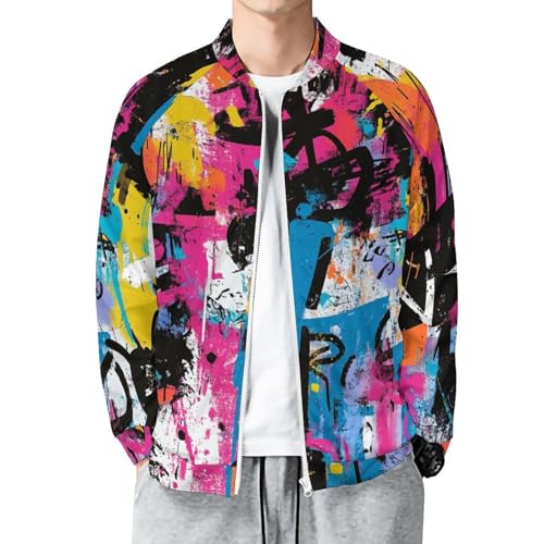 Bomber Jackets for Men 2025 Graffiti Print Long Sleeve Windbreaker Casual Full Zip Novelty Lightweight Varsity Jackets