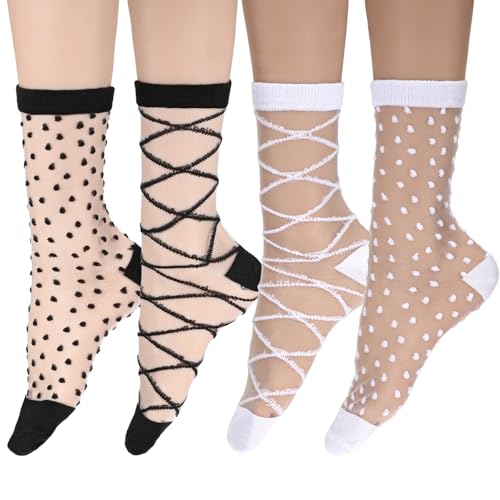 4 Pairs Sheer Socks Women, Summer Checkered Dot Striped Plaid Ankle Sheer Socks, No-Pilling Silk Breathable Transparent See-Through Sockings