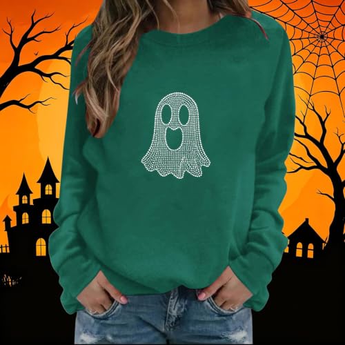 Womens Rhinestone Ghost Crewneck Sweatshirt Minimalist Spooky Halloween - image 2