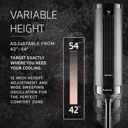 Image of Lasko Elevation Tower Fan for Bedroom, Office, and Living Room - 42 inch-54 inch Adjustable Height Cooling with 31 ft /s Airflow and 90 Oscillation- Quiet 28 dB Operation - Remote Control - Black