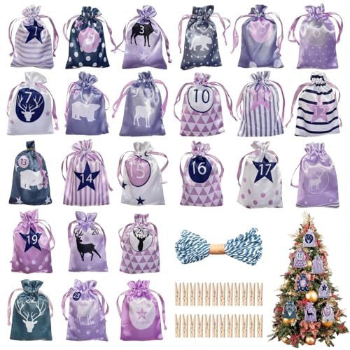 Christmas Advent Calendar Bags, 24 Days Countdown Burlap bags Hanging Advent Calendar Gift Favors for Xmas Decorations (Purple)