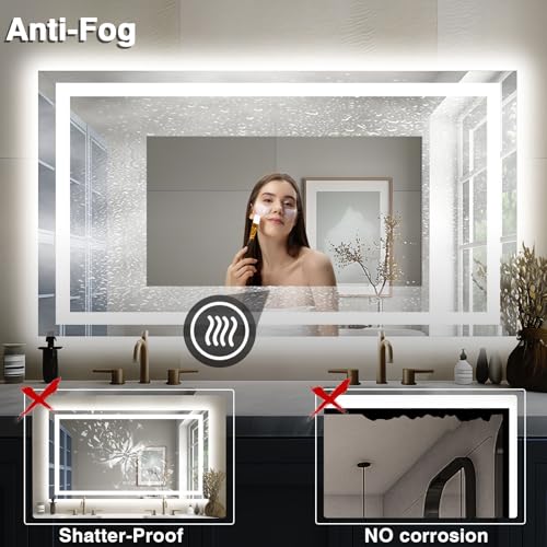 55"x30" LED Bathroom Mirrors for Wall, Front and Backlit Mirror, Anti-Fog Vanity Mirror with Lights, Stepless Dimmable Lighted Mirror, 3 Colors Smart Mirror (Horizontal/Vertical)