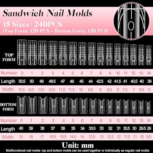 MELLIEX 240 szt. Dual Form Sandwich, 15 rozmiarów żelowe formy do paznokci wielokrotnego użytku formy do przedłużania paznokci extra długie do salonu manicure DIY (kwadrat)