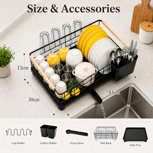 Image of COMFYHOME Bartan Basket with Drain Tray and Automatic Drainage,Thickened Carbon Steel,Utensils Drying Rack Includes Detachable Cutlery Holder and Cup Holder,Suitable for Any Kitchens (43 x 30 x 13cm)