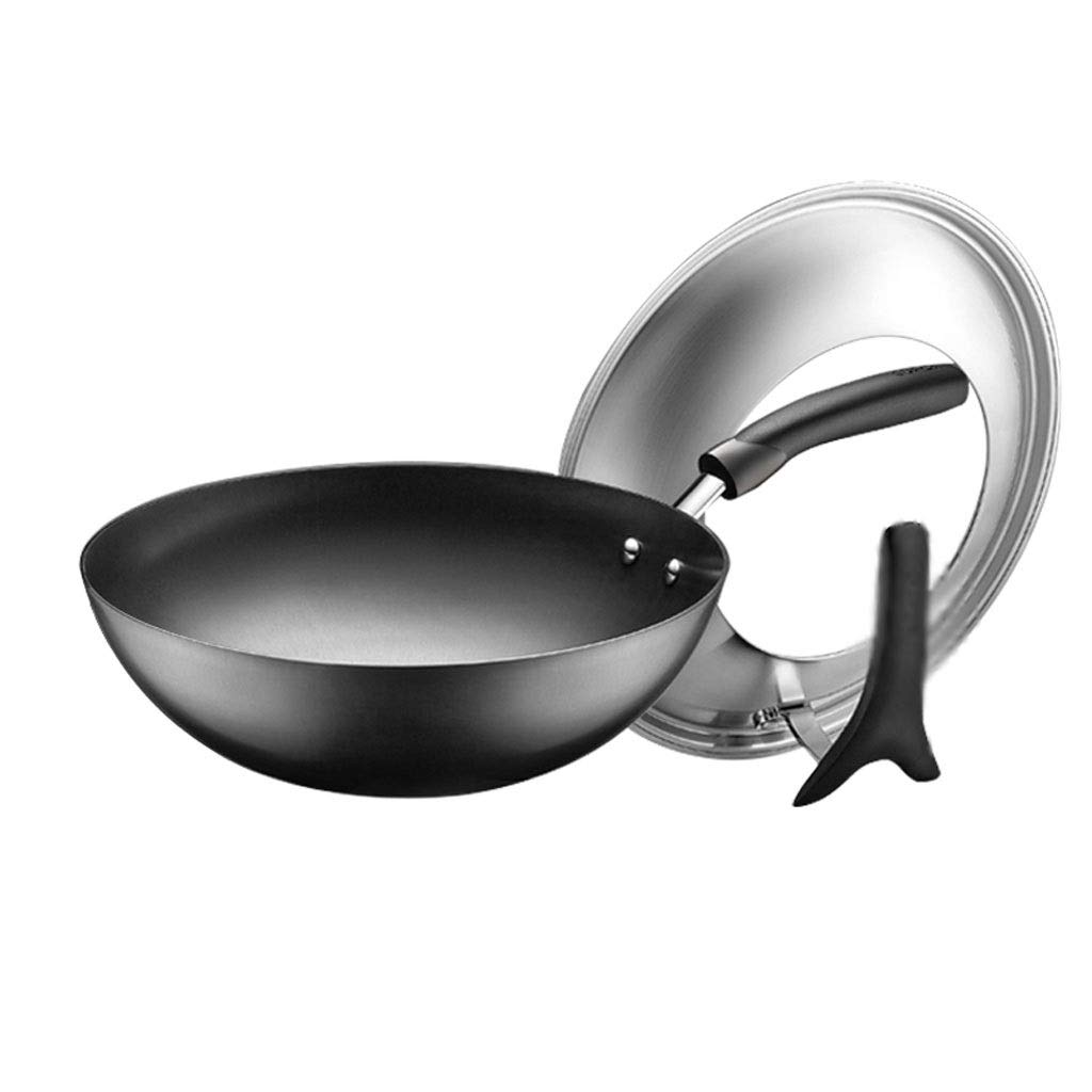 Xiaodou Heavy Duty Flat-Bottom Wok Chinese Wok with Round Bottom Wok -Traditional Chinese Woks（Black Contemporary Hard Nonstick Cookware