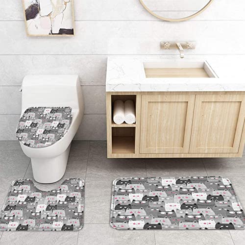 WWGBHJL 4-teiliges duschvorhang-Set Cartoon graue Katze niedliche Badezimmer-matten-Set wasserdicht duschvorhang-Set… – Bild 5