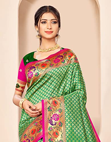 Image of Jaanvi fashion Women's Paithani Silk With Zari Jacquard Work Saree With Blouse Piece(royal-paithani-green-pink)